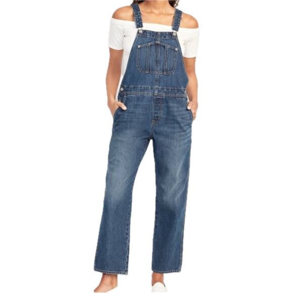 Old Navy Denim Overalls Women’s 14 Blue Utility Cargo Jeans Straight Leg - Picture 1 of 10